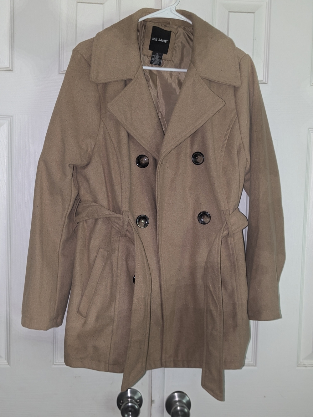 Me Jane Men's Tan Double-Breasted Pea Coat with Belt